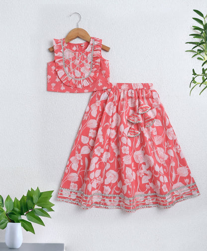 The Magic Wand Cambric Cotton Sleeveless Floral Printed Frill Choli and Lehenga Set- Peach