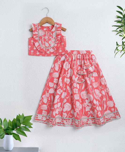 The Magic Wand Cambric Cotton Sleeveless Floral Printed Frill Choli and Lehenga Set- Peach