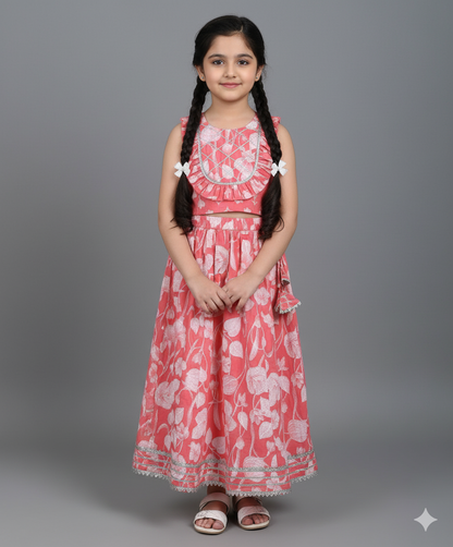 Cambric Cotton Sleeveless Floral Printed Frill Choli and Lehenga Set- Peach