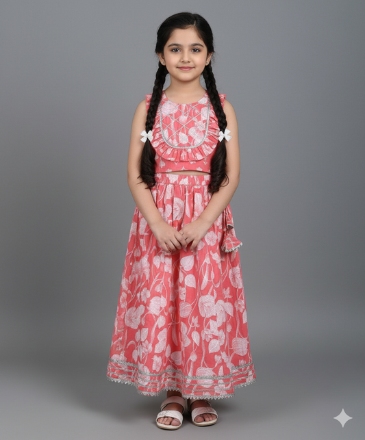Cambric Cotton Sleeveless Floral Printed Frill Choli and Lehenga Set- Peach