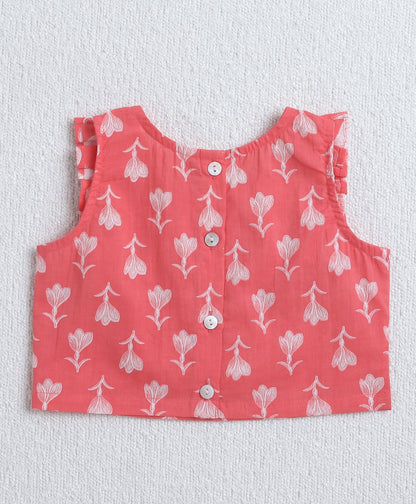 The Magic Wand Cambric Cotton Sleeveless Floral Printed Frill Choli and Lehenga Set- Peach