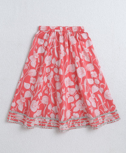 The Magic Wand Cambric Cotton Sleeveless Floral Printed Frill Choli and Lehenga Set- Peach