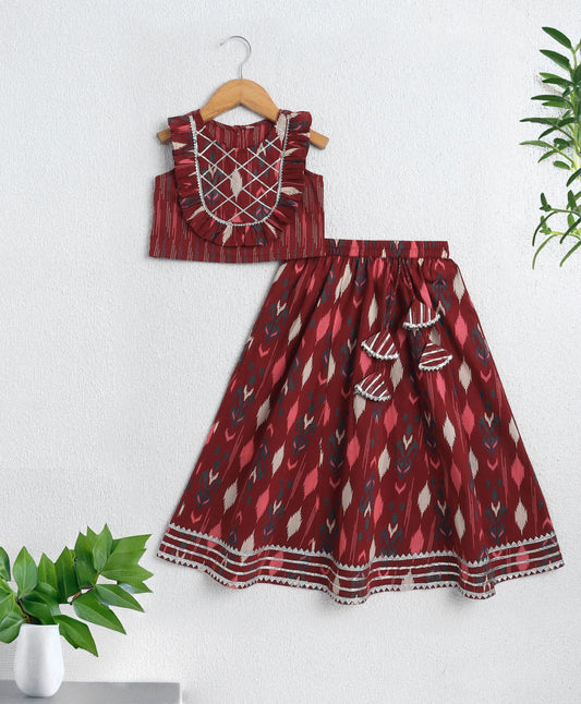 The Magic Wand Cambric Cotton Sleeveless Floral Printed Frill Choli and Lehenga Set- Maroon