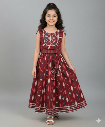 Cotton Sleeveless Floral Printed Frill Choli and Lehenga Set- Maroon