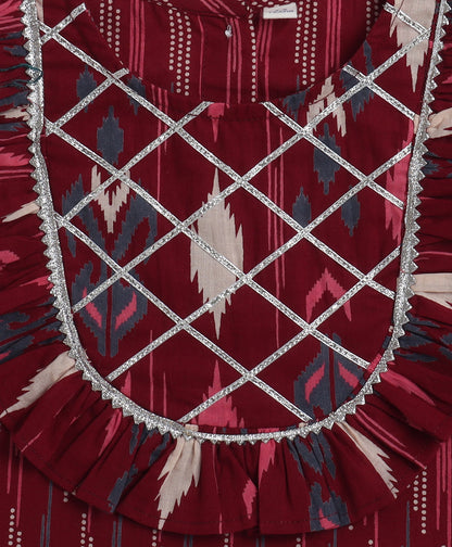 The Magic Wand Cambric Cotton Sleeveless Floral Printed Frill Choli and Lehenga Set- Maroon