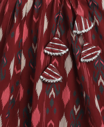 The Magic Wand Cambric Cotton Sleeveless Floral Printed Frill Choli and Lehenga Set- Maroon