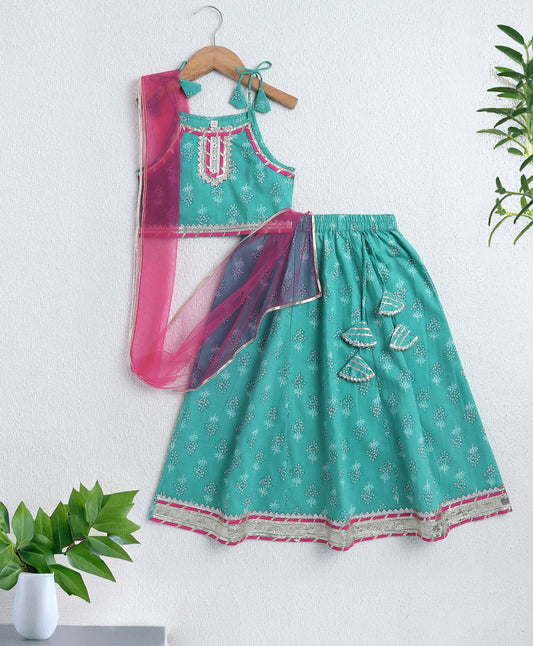 The Magic Wand Cambric Cotton Shoulder Tie up Floral Printed Lace Detailing Choli and Lehenga with Dupatta Set- Mint