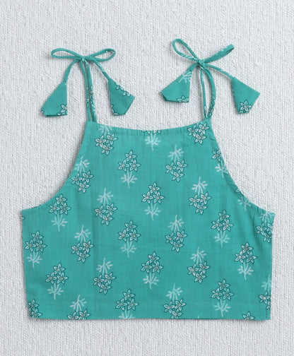 The Magic Wand Cambric Cotton Shoulder Tie up Floral Printed Lace Detailing Choli and Lehenga with Dupatta Set- Mint