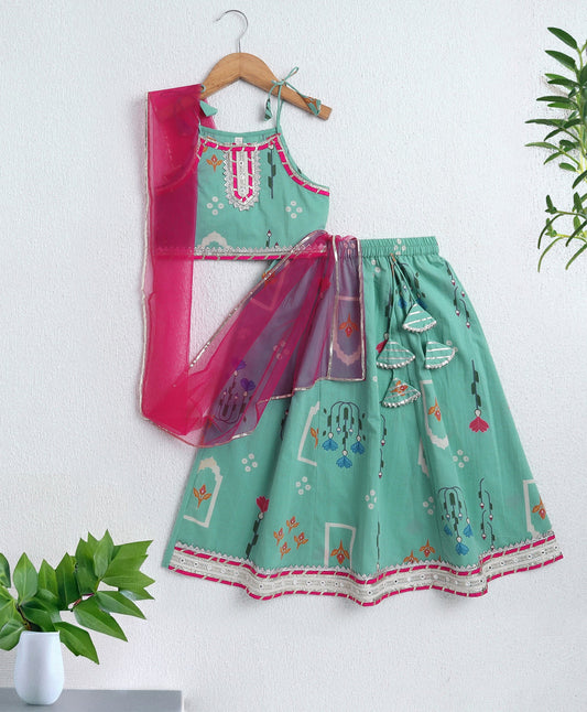 The Magic Wand Cambric Cotton Shoulder Tie up AII Over Printed Choli and Bottom Set- Blue