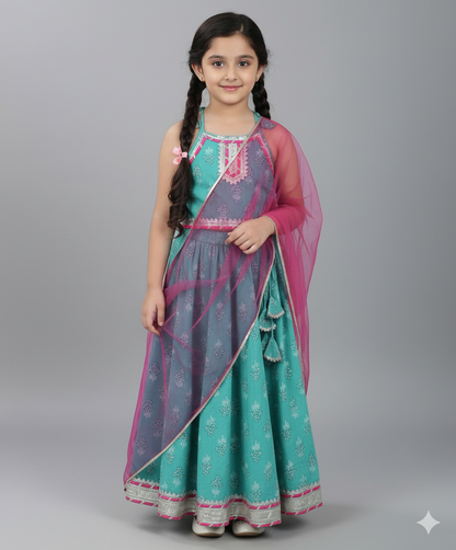 Cotton Shoulder Tie up AII Over Printed Choli and Lehenga Set  with Duppata- Blue