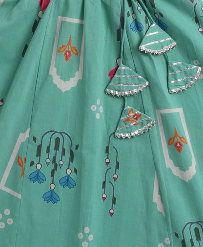 The Magic Wand Cambric Cotton Shoulder Tie up AII Over Printed Choli and Bottom Set- Blue