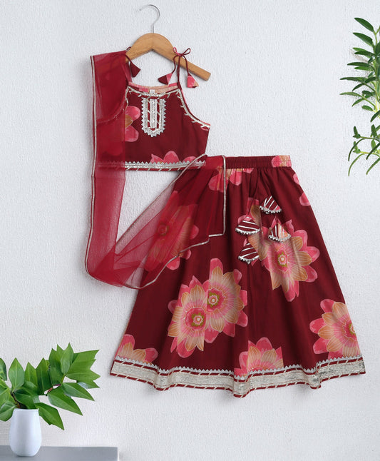 The Magic Wand Cambric Cotton Shoulder Tie up Floral Printed Lace Detailing Choli and Lehenga with Dupatta Set- Maroon