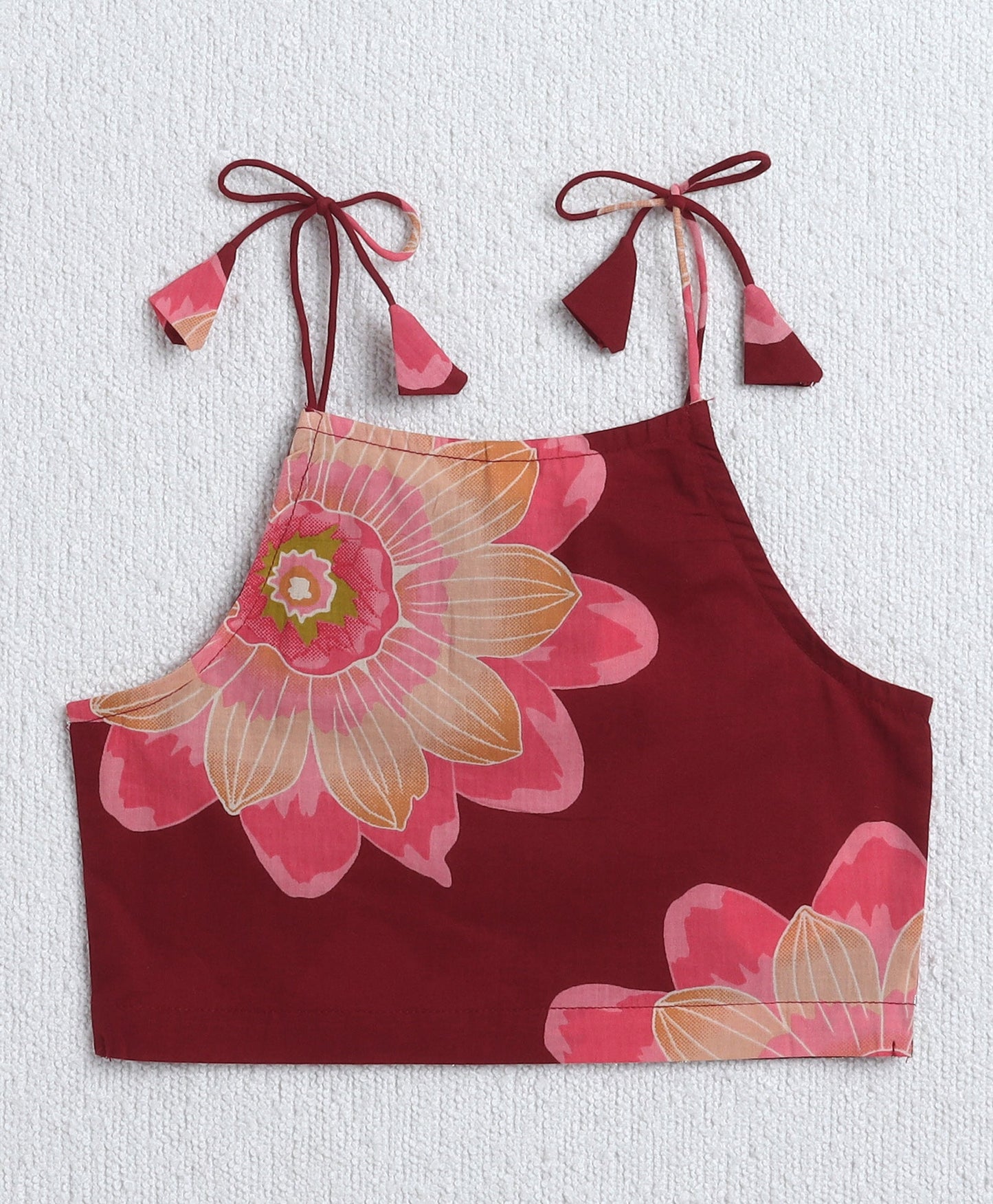The Magic Wand Cambric Cotton Shoulder Tie up Floral Printed Lace Detailing Choli and Lehenga with Dupatta Set- Maroon