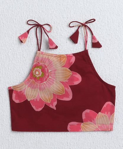 The Magic Wand Cambric Cotton Shoulder Tie up Floral Printed Lace Detailing Choli and Lehenga with Dupatta Set- Maroon