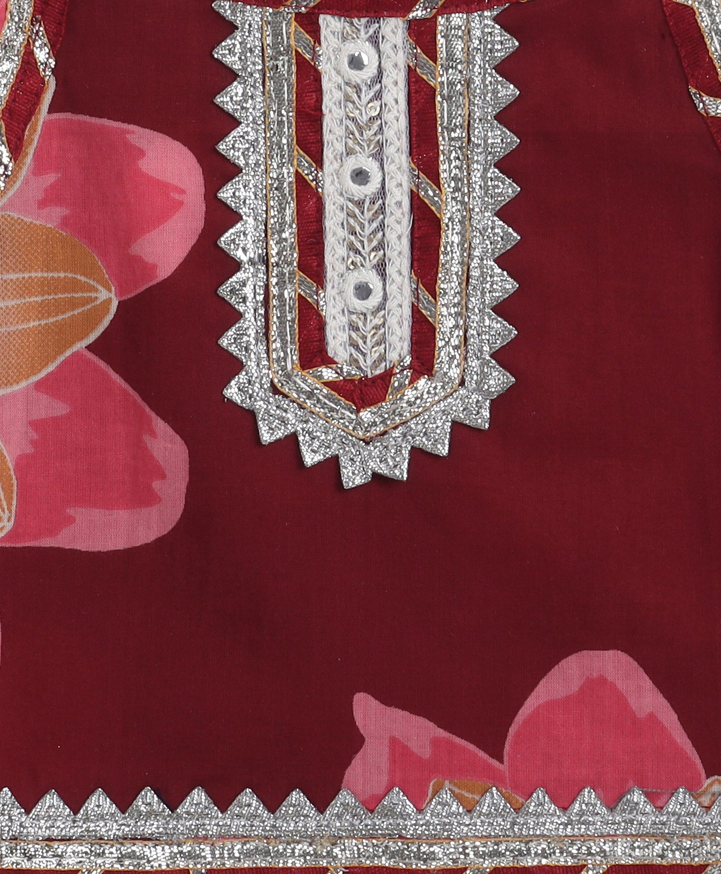 The Magic Wand Cambric Cotton Shoulder Tie up Floral Printed Lace Detailing Choli and Lehenga with Dupatta Set- Maroon