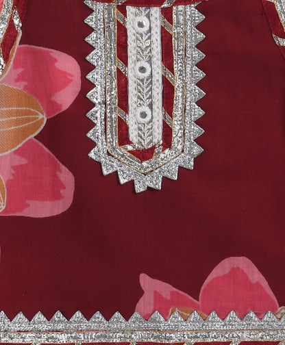 The Magic Wand Cambric Cotton Shoulder Tie up Floral Printed Lace Detailing Choli and Lehenga with Dupatta Set- Maroon