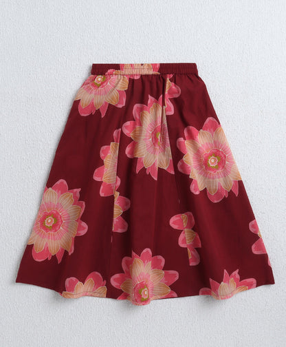 The Magic Wand Cambric Cotton Shoulder Tie up Floral Printed Lace Detailing Choli and Lehenga with Dupatta Set- Maroon
