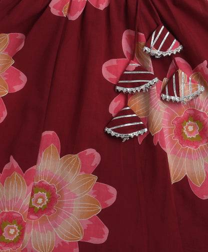 The Magic Wand Cambric Cotton Shoulder Tie up Floral Printed Lace Detailing Choli and Lehenga with Dupatta Set- Maroon