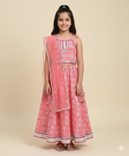 Cotton Shoulder Tie Up Floral Printed Choli and Lehenga with Dupatta Set- Peach