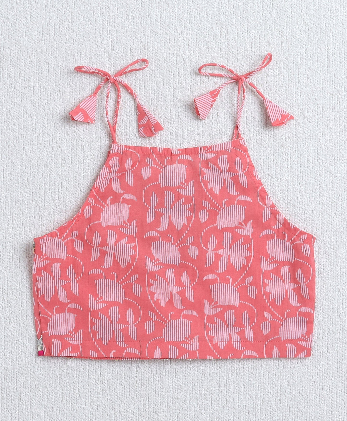 The Magic Wand Cambric Cotton Shoulder Tie Up Floral Printed Choli and Lehenga with Dupatta Set- Peach