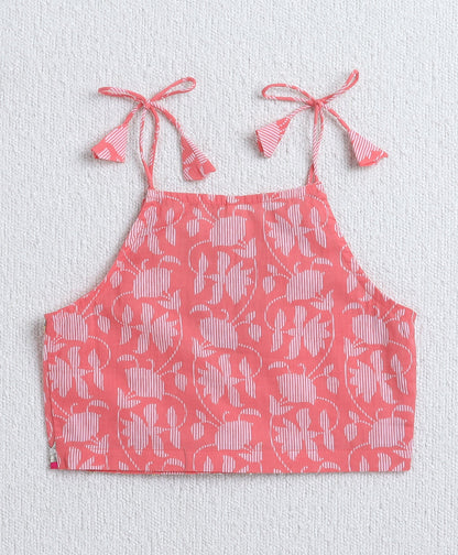 The Magic Wand Cambric Cotton Shoulder Tie Up Floral Printed Choli and Lehenga with Dupatta Set- Peach