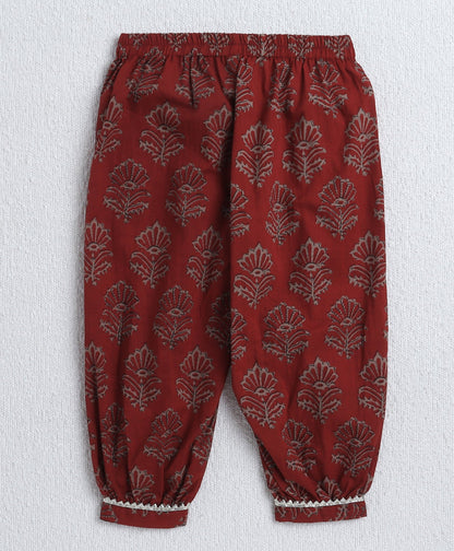 The Magic Wand Cambric Cotton Sleeveless Floral Printed Pleated Kurta & Ballon Pant Set- Maroon