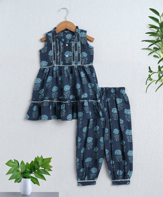 The Magic Wand Cambric Cotton Sleeveless Floral Printed Pleated Kurta & Ballon Pant Set- Navy Blue