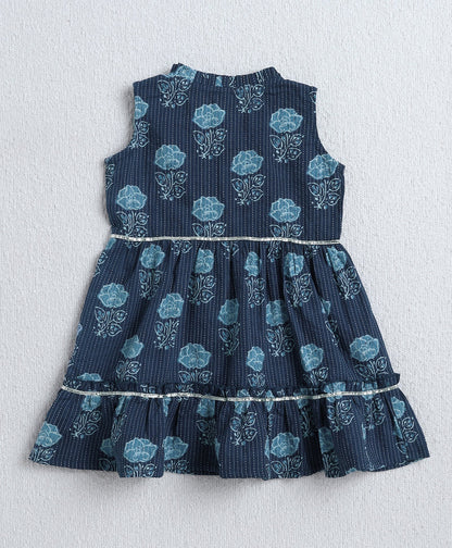 The Magic Wand Cambric Cotton Sleeveless Floral Printed Pleated Kurta & Ballon Pant Set- Navy Blue
