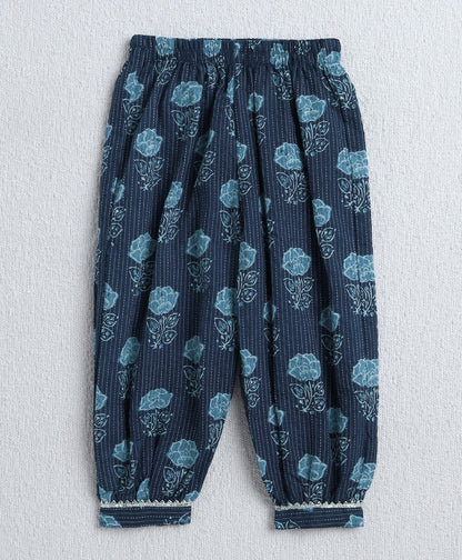 The Magic Wand Cambric Cotton Sleeveless Floral Printed Pleated Kurta & Ballon Pant Set- Navy Blue