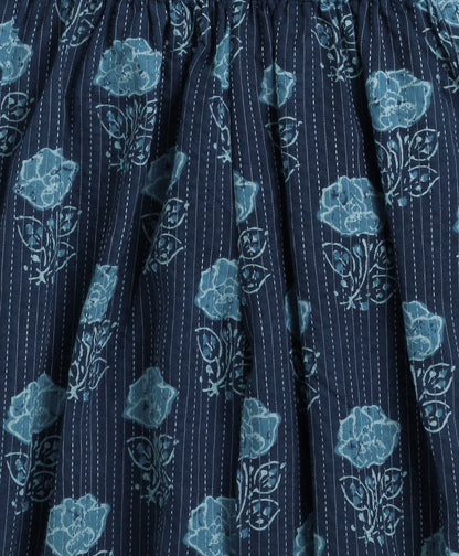 The Magic Wand Cambric Cotton Sleeveless Floral Printed Pleated Kurta & Ballon Pant Set- Navy Blue