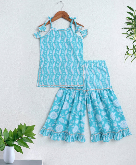 The Magic Wand Cambric Cotton Shoulder Tie Ups AII Over Printed Kurta and Sharara Set- Blue