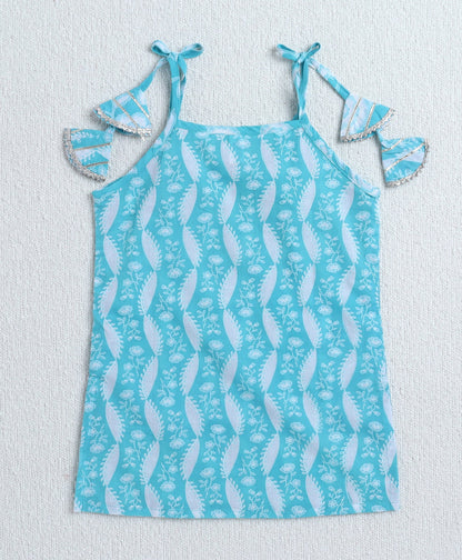 The Magic Wand Cambric Cotton Shoulder Tie Ups AII Over Printed Kurta and Sharara Set- Blue