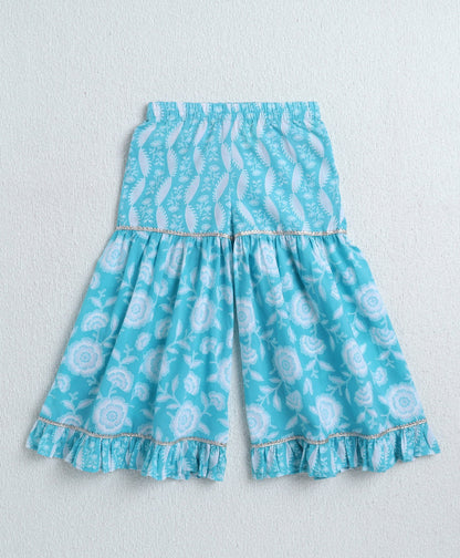 The Magic Wand Cambric Cotton Shoulder Tie Ups AII Over Printed Kurta and Sharara Set- Blue