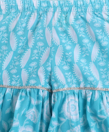 The Magic Wand Cambric Cotton Shoulder Tie Ups AII Over Printed Kurta and Sharara Set- Blue
