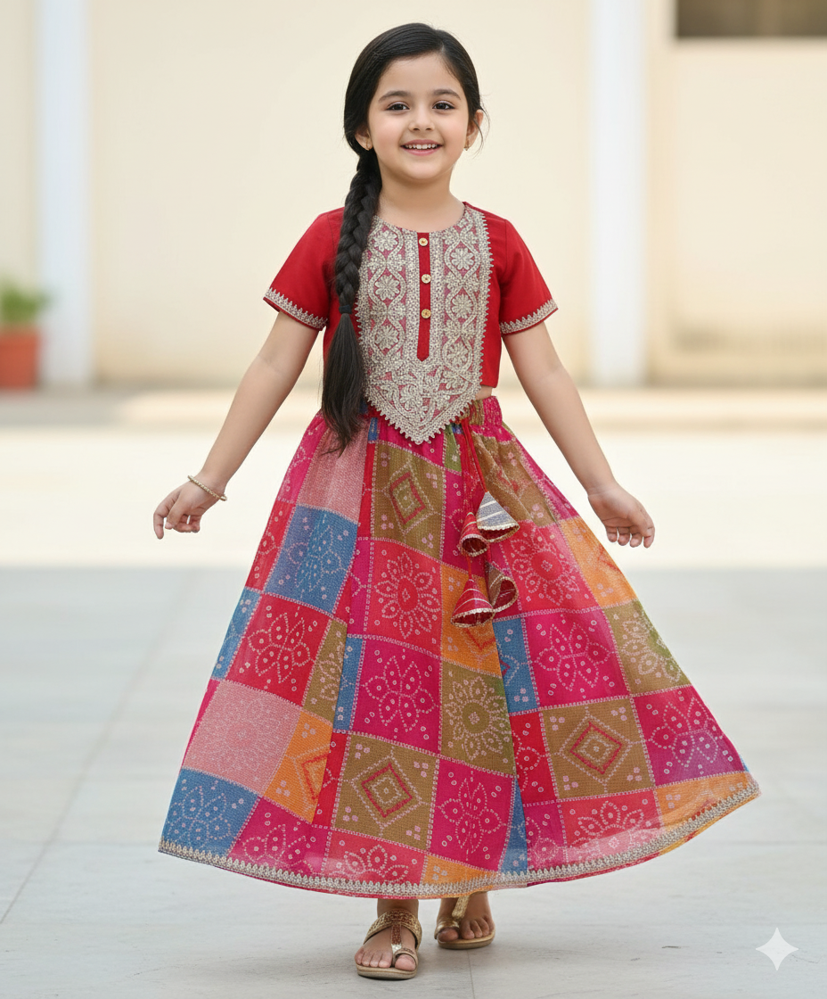 Half Sleeves Golden Zari Long Yoke Lace Top & Bandhani Printed Lehenga Set- Red