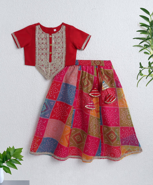 The Magic Wand Woven Half Sleeves Golden Zari Long Yoke Lace Top & Bandhani Printed Lehenga Set- Red