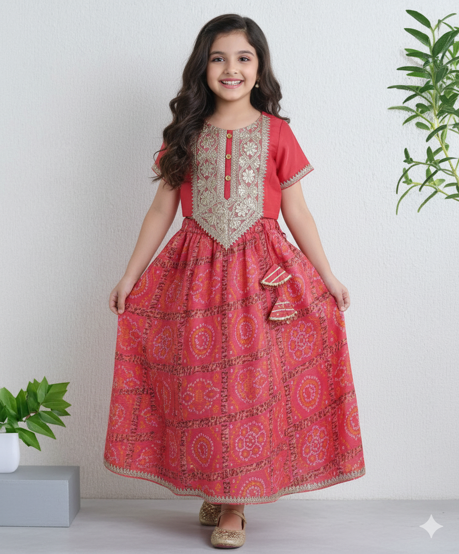 Half Sleeves Golden Zari Long Yoke Lace Top & Bandhani Printed Lehenga Set- Peach