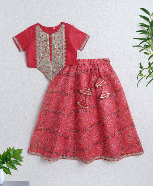 The Magic Wand Woven Half Sleeves Golden Zari Long Yoke Lace Top & Bandhani Printed Lehenga Set- Peach