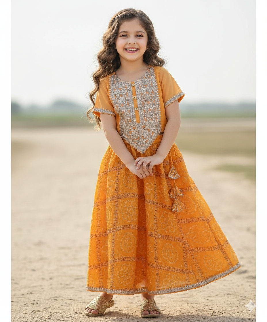 Half Sleeves Golden Zari Long Yoke Lace Top & Bandhani Printed Lehenga Set- Yellow