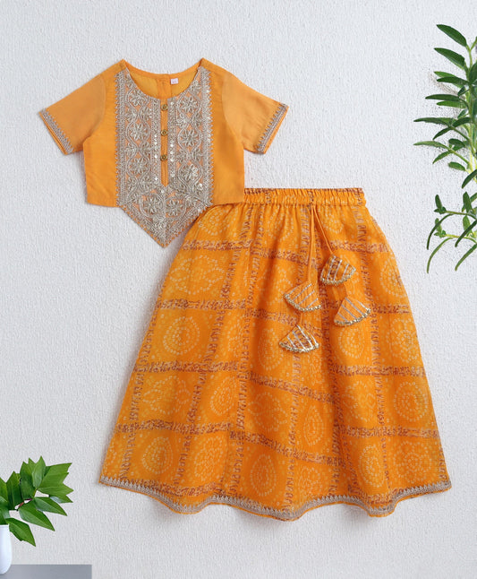 The Magic Wand Woven Half Sleeves Golden Zari Long Yoke Lace Top & Bandhani Printed Lehenga Set- Yellow