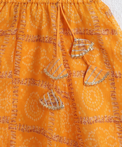 The Magic Wand Woven Half Sleeves Golden Zari Long Yoke Lace Top & Bandhani Printed Lehenga Set- Yellow