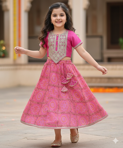Half Sleeves Golden Zari Long Yoke Lace Top & Bandhani Printed Lehenga Set- Pink