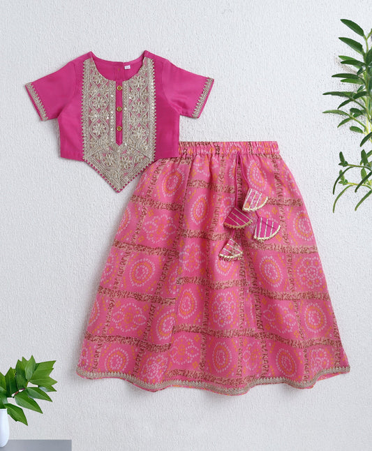 The Magic Wand Woven Half Sleeves Golden Zari Long Yoke Lace Top & Bandhani Printed Lehenga Set- Pink