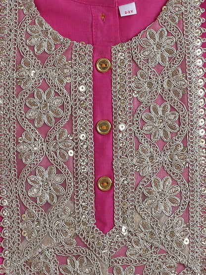 The Magic Wand Woven Half Sleeves Golden Zari Long Yoke Lace Top & Bandhani Printed Lehenga Set- Pink