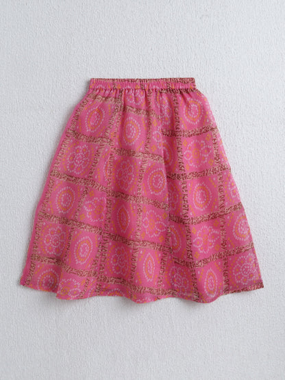 The Magic Wand Woven Half Sleeves Golden Zari Long Yoke Lace Top & Bandhani Printed Lehenga Set- Pink