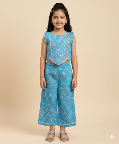 Sleeveless Bandhani Printed Trendy Long Yoke Top & Bottom Set - Blue