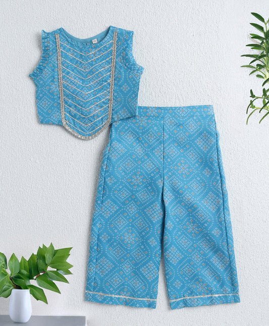 The Magic Wand Woven Sleeveless Bandhani Printed Trendy Long Yoke Top & Bottom Set - Blue