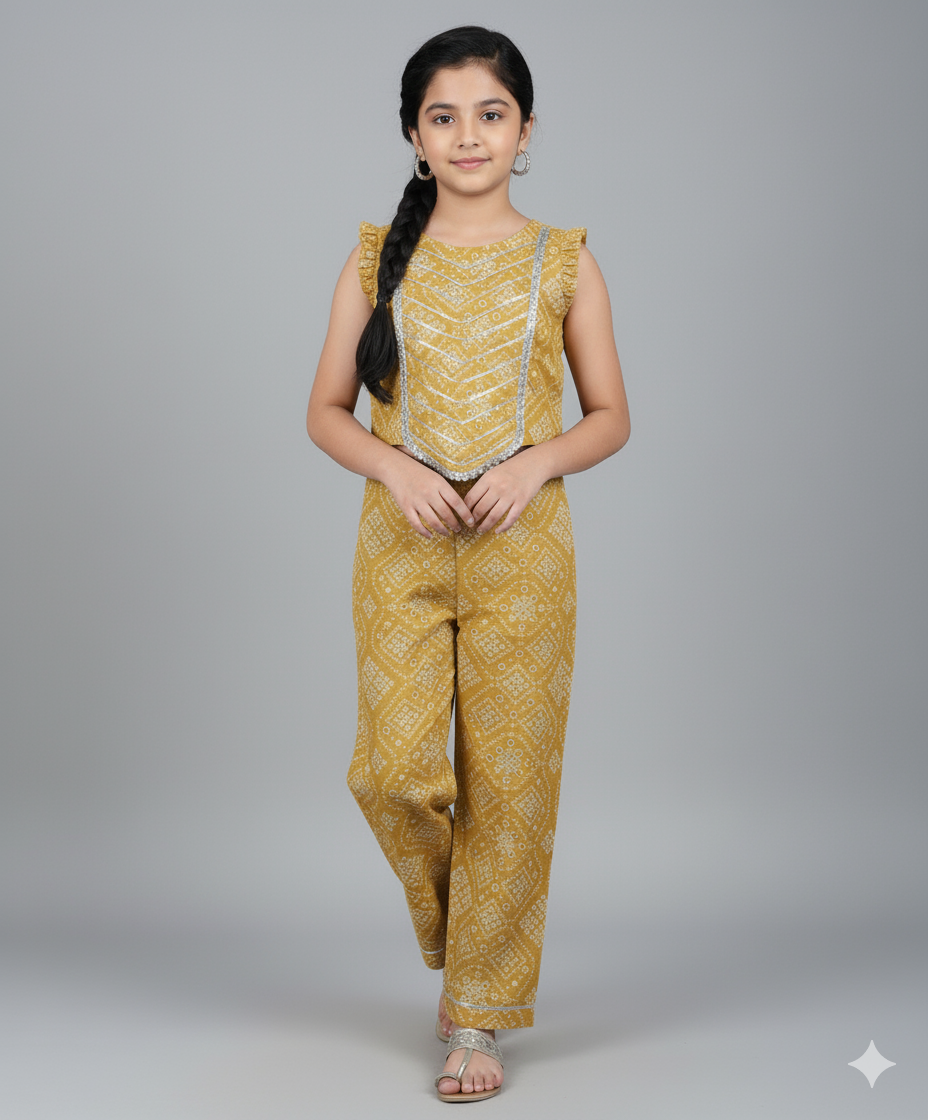 Sleeveless Bandhani Printed Trendy Long Yoke Top & Bottom Set - Yellow