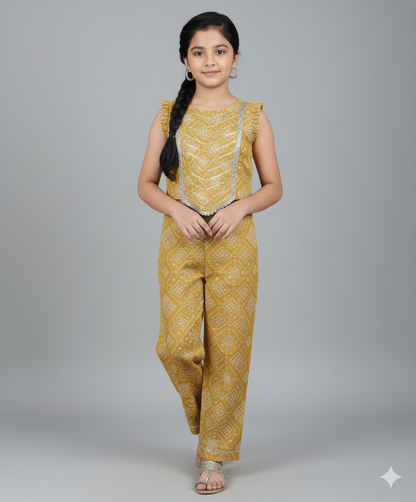 Sleeveless Bandhani Printed Trendy Long Yoke Top & Bottom Set - Yellow