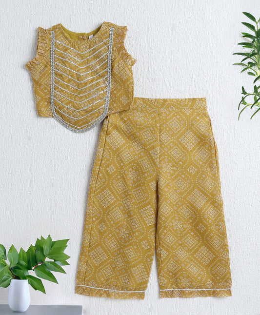 The Magic Wand Woven Sleeveless Bandhani Printed Trendy Long Yoke Top & Bottom Set - Yellow